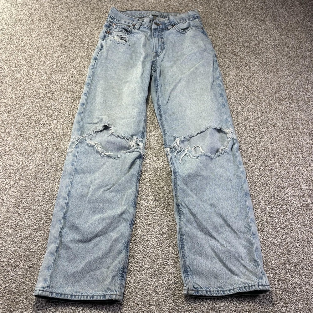 American Eagle Stovepipe Jeans Womens 000 Light Wash Straight Distressed Blue